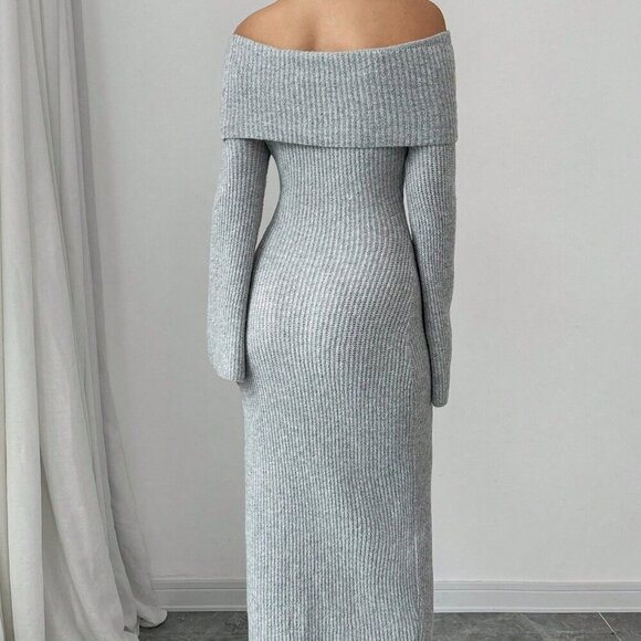Grey Elegant Women's Off-Shoulder Long Sleeve Dress - Picture 2 of 6